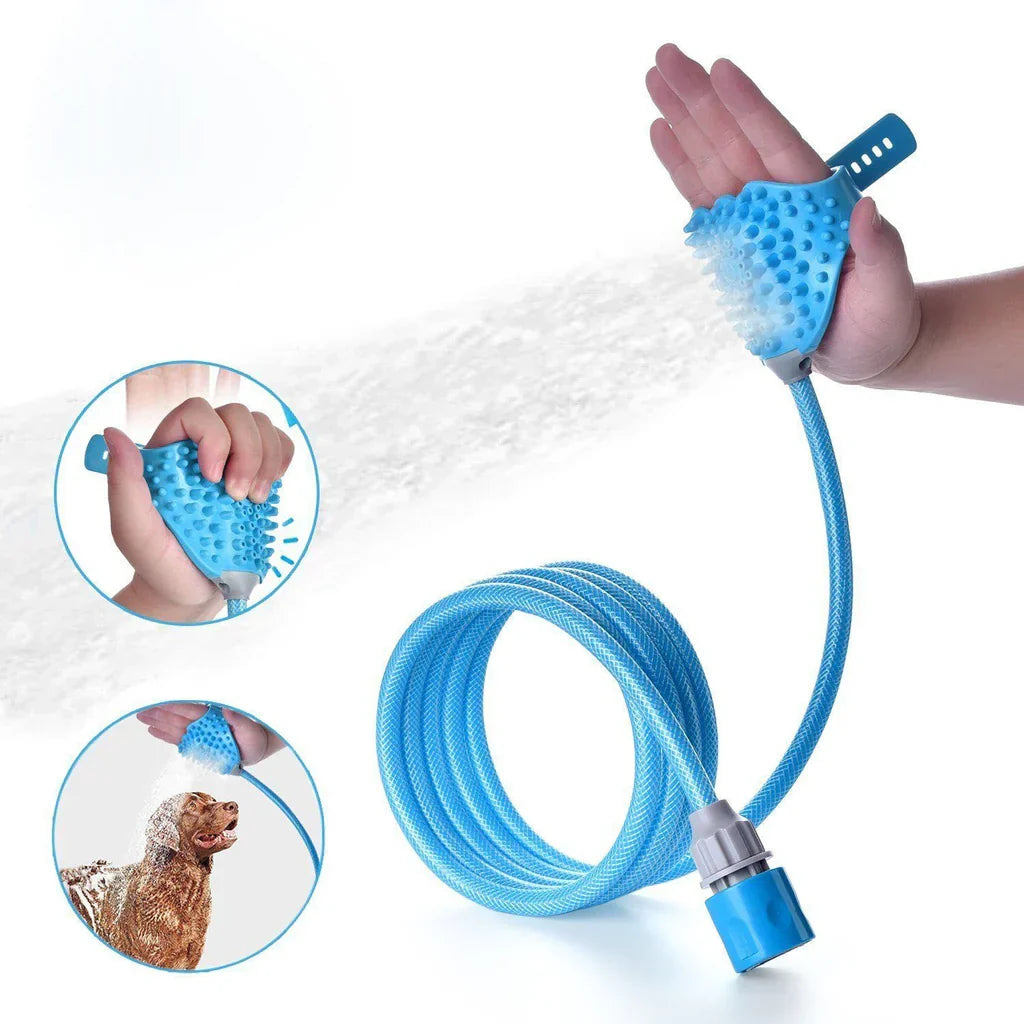 Dog Shower Glove with Integrated Brush and Hose Connector