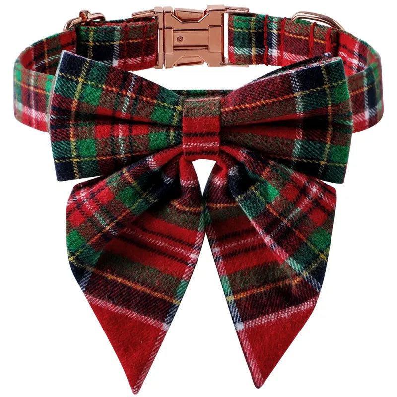 Dog Collar with Checkered Pattern and Bow for Christmas and Festive Occasions