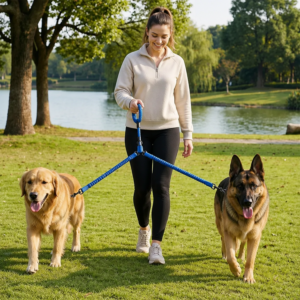 2-in-1 Dog Double Leash with 360° Swivel Joint – Tangle-Free & Shock Absorbing