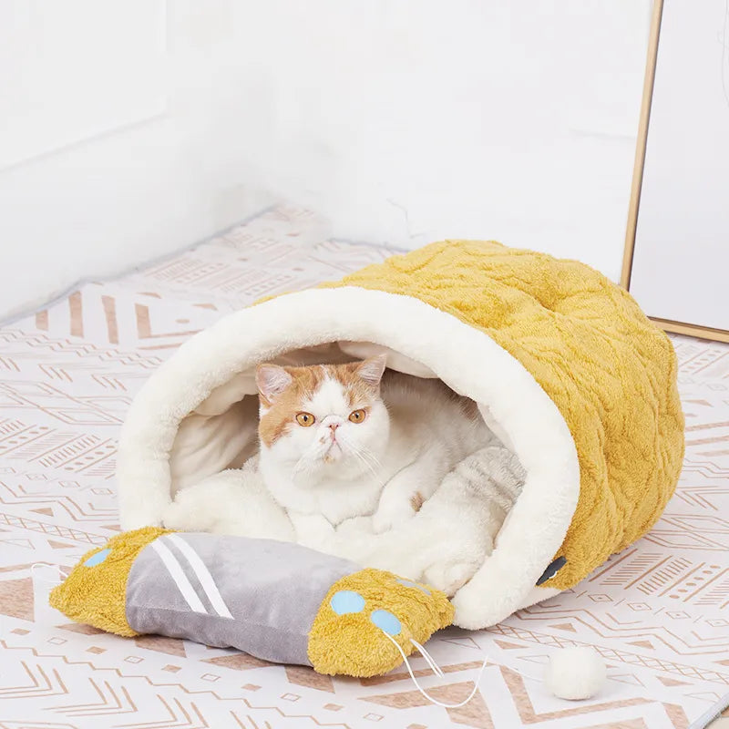 Cushion-Shaped Cat Bed with Toys for Comfortable Breaks