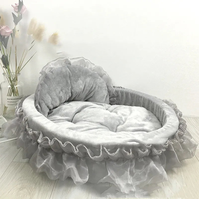Cat Bed with Tulle Ruffle and Bow for Stylish Rest