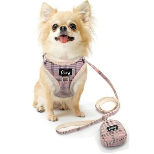 Comfortable Checkered Harness with Leash - With Practical Dog Bag for Walks