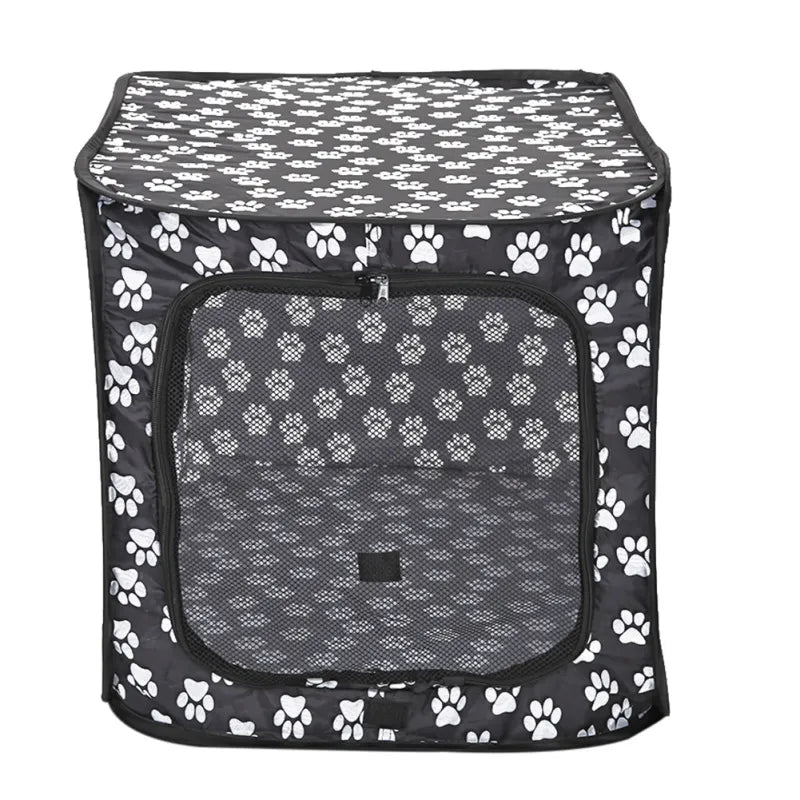 Foldable Fabric Dog Crate with Paw Print Pattern - Portable and Well-Ventilated