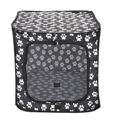 Foldable Fabric Dog Crate with Paw Print Pattern - Portable and Well-Ventilated
