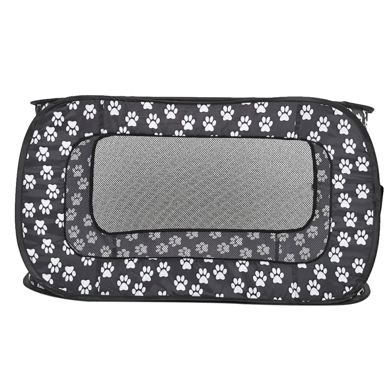 Foldable Fabric Dog Crate with Paw Print Pattern - Portable and Well-Ventilated