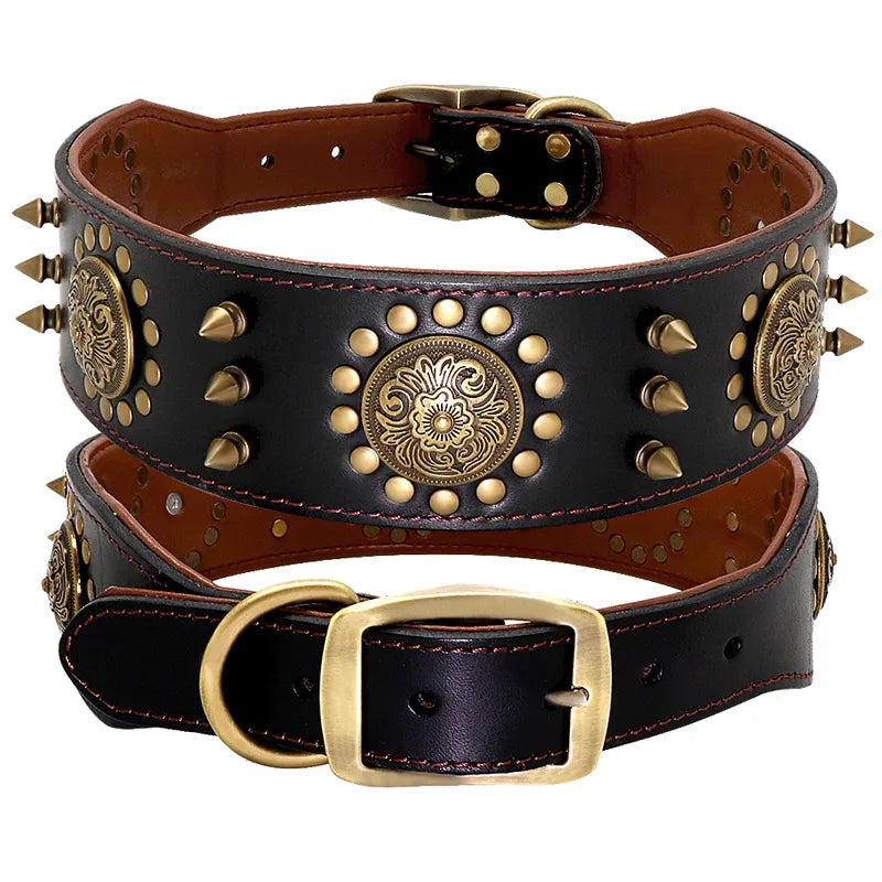 Leather Dog Collar with Rivets and Metal Studs for Large Dogs