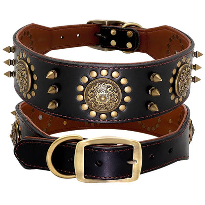 Leather Dog Collar with Rivets and Metal Studs for Large Dogs