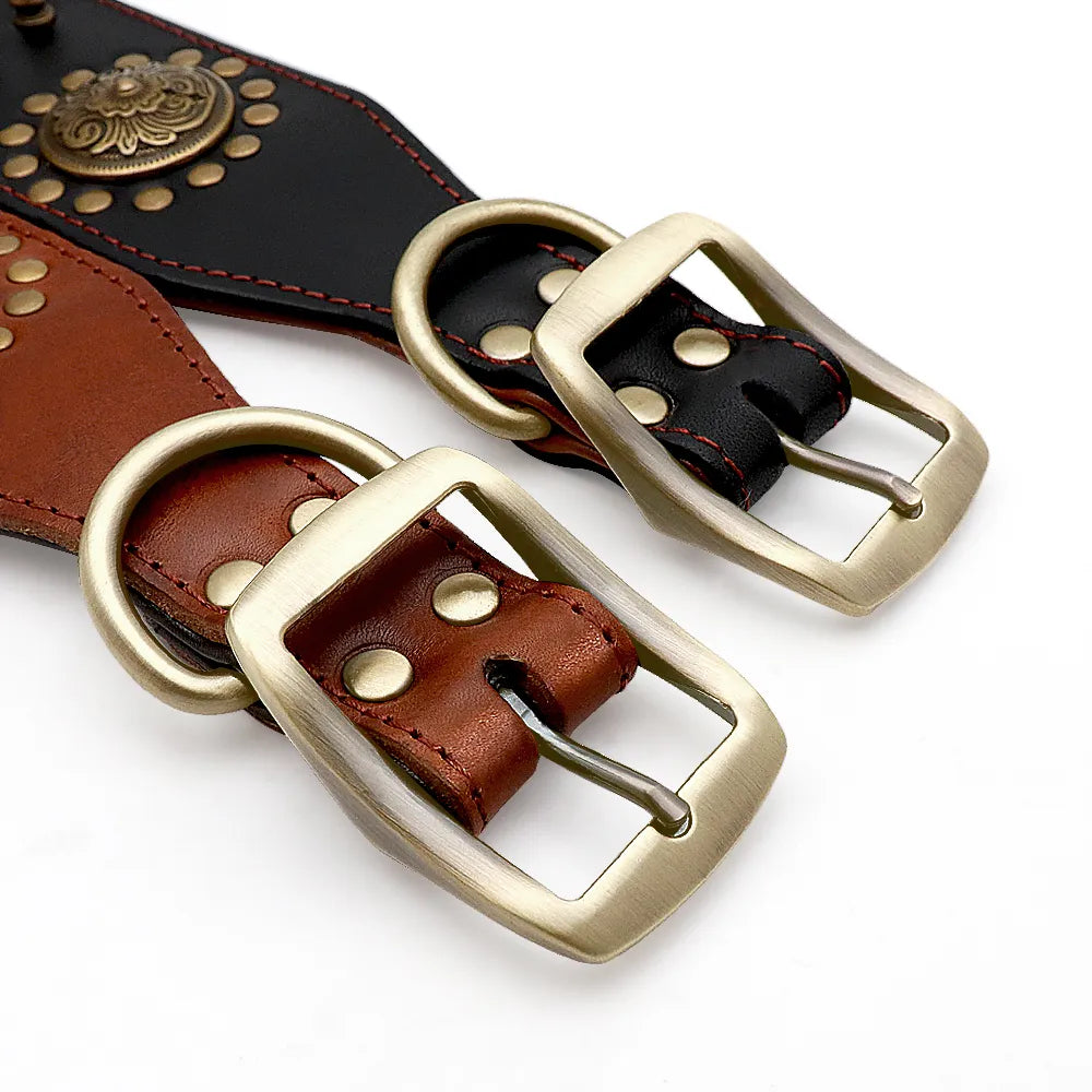 Leather Dog Collar with Rivets and Metal Studs for Large Dogs
