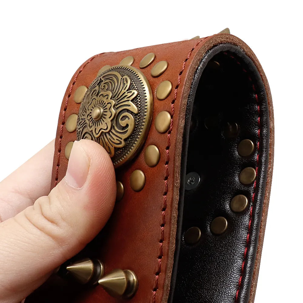 Leather Dog Collar with Rivets and Metal Studs for Large Dogs