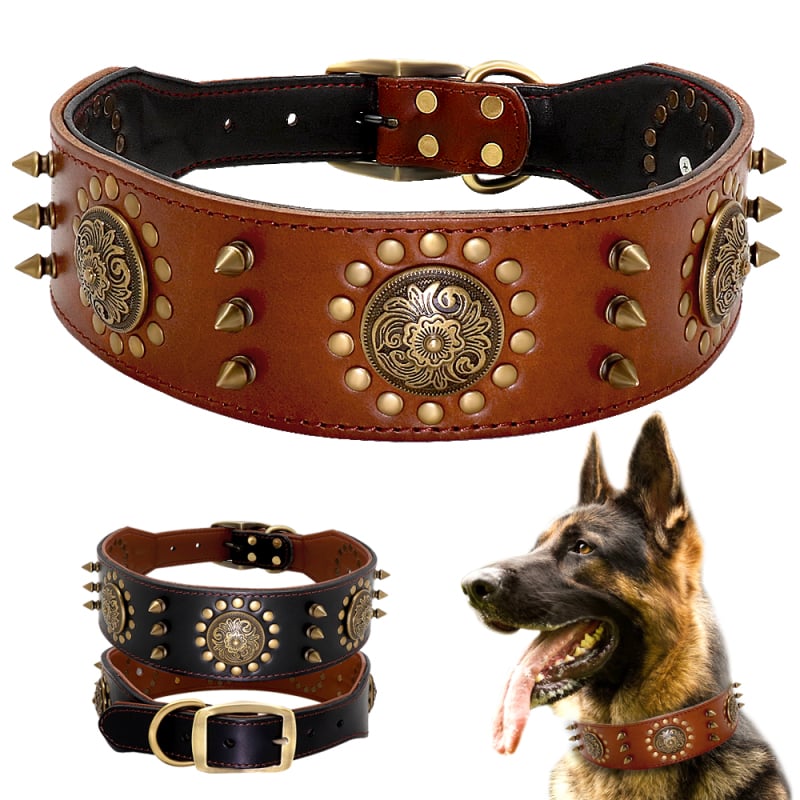 Leather Dog Collar with Rivets and Metal Studs for Large Dogs