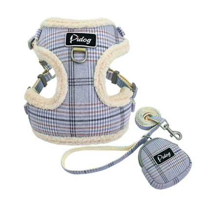 Comfortable Checkered Harness with Leash - With Practical Dog Bag for Walks