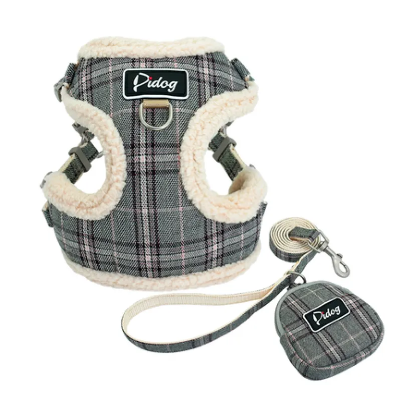 Comfortable Checkered Harness with Leash - With Practical Dog Bag for Walks