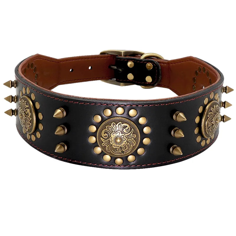 Leather Dog Collar with Rivets and Metal Studs for Large Dogs