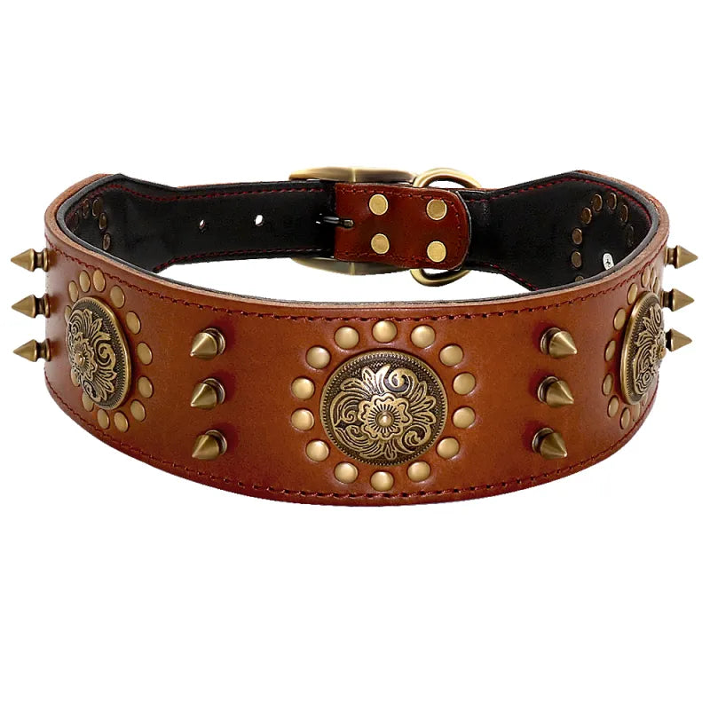 Leather Dog Collar with Rivets and Metal Studs for Large Dogs