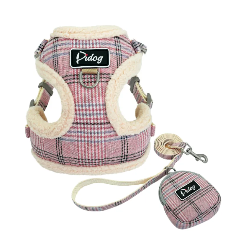 Comfortable Checkered Harness with Leash - With Practical Dog Bag for Walks