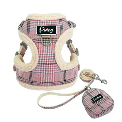 Comfortable Checkered Harness with Leash - With Practical Dog Bag for Walks