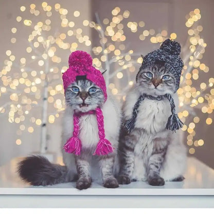 Knitted Hat for Pets with Pom-Pom and Twisted Pom-Poms in Pink