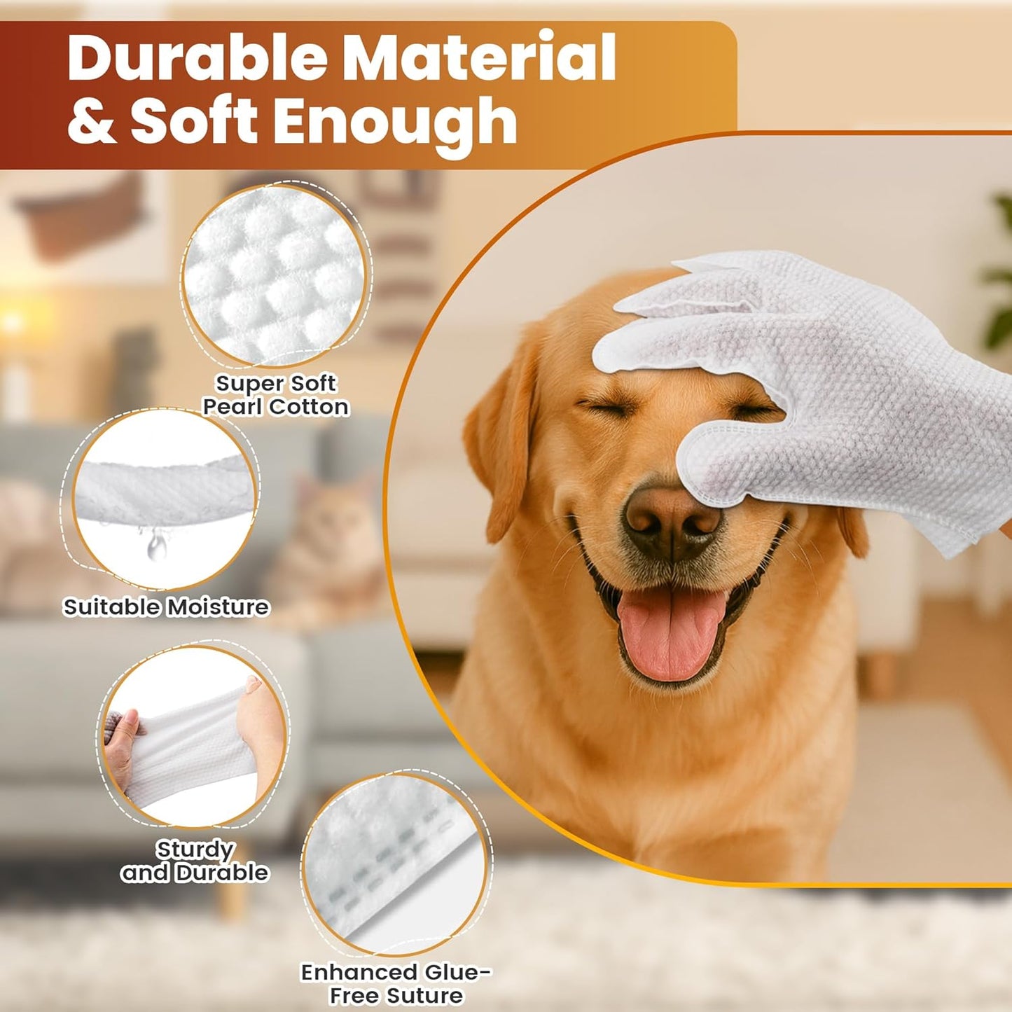 Pet Glove Wipes for Dogs Cats, Unscented Rinse gloves