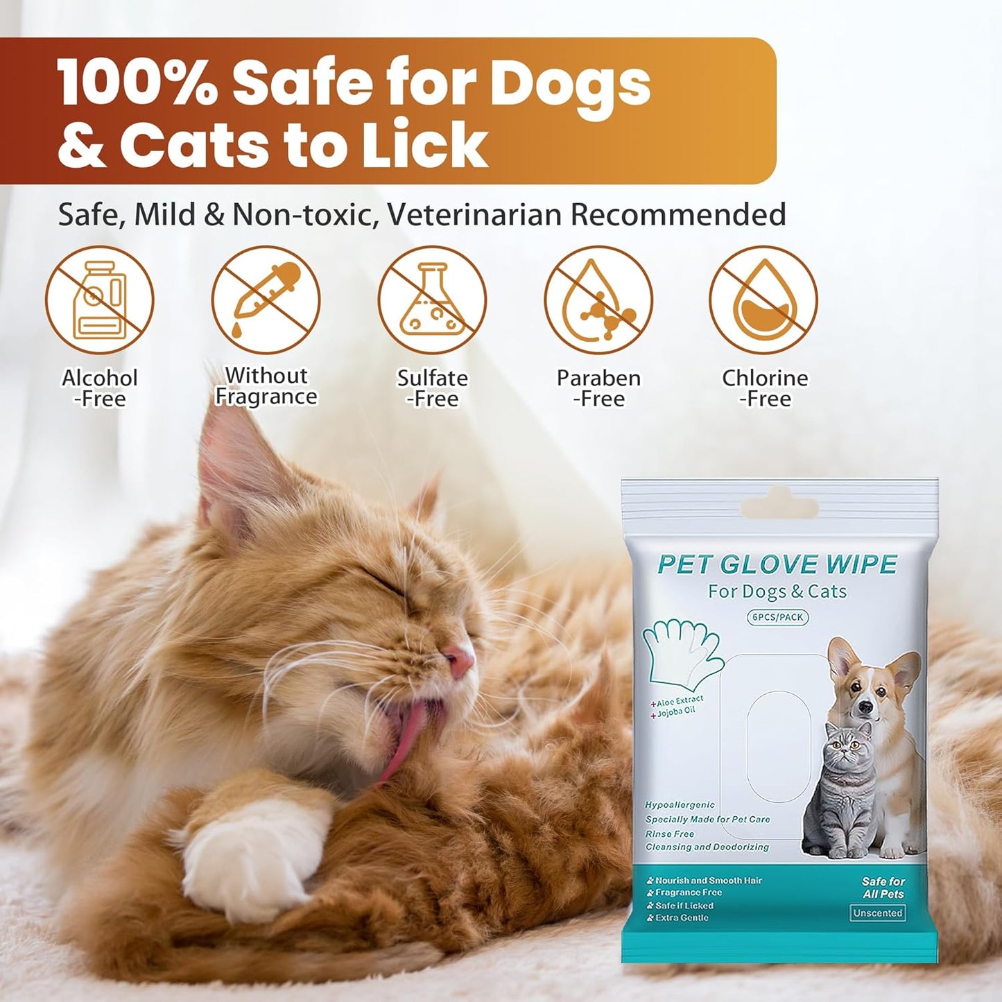 Pet Glove Wipes for Dogs Cats, Unscented Rinse gloves
