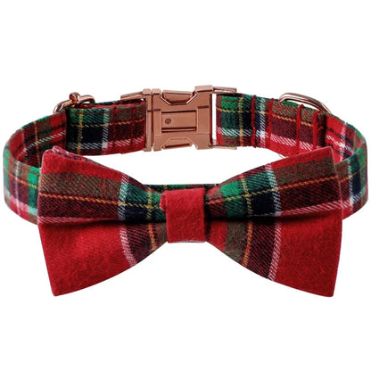 Dog Collar with Checkered Pattern and Bow for Christmas and Festive Occasions