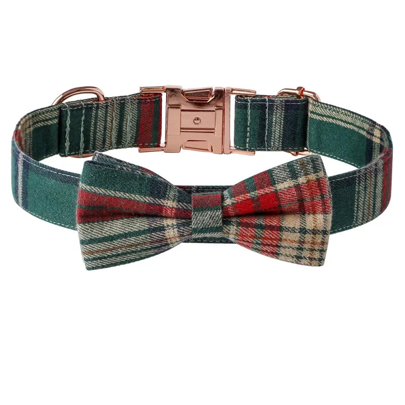 Dog Collar with Checkered Pattern and Bow for Christmas and Festive Occasions
