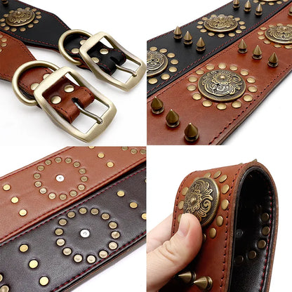 Leather Dog Collar with Rivets and Metal Studs for Large Dogs