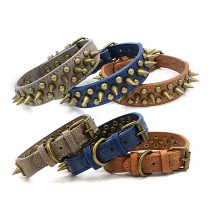 Leather Dog Collar with Rivets and Spikes in 3 Colours