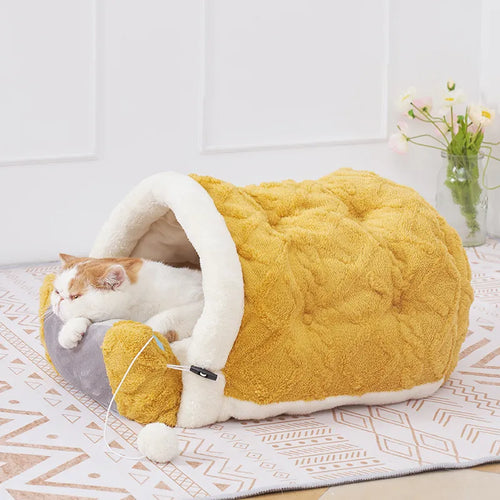 Cushion-Shaped Cat Bed with Toys for Comfortable Breaks