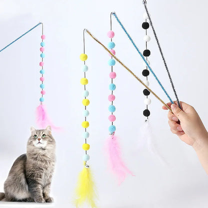 Interactive Cat Toy with Pom-Poms and Feathers – Fun Fishing Rod for Cats