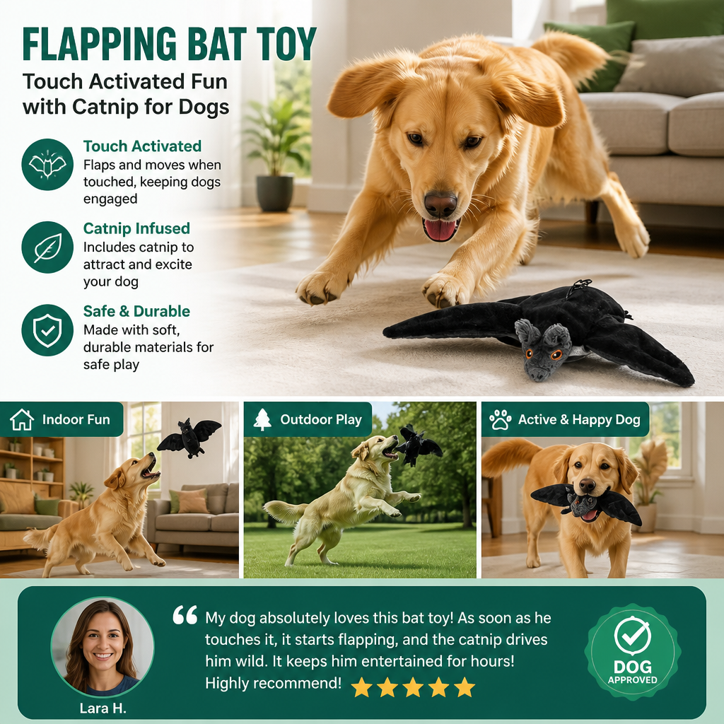 Touch—Activated Flapping Bat Dog Toy with Catnip