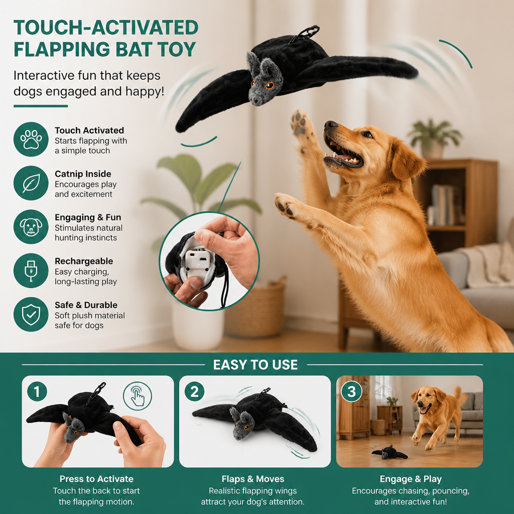 Touch—Activated Flapping Bat Dog Toy with Catnip