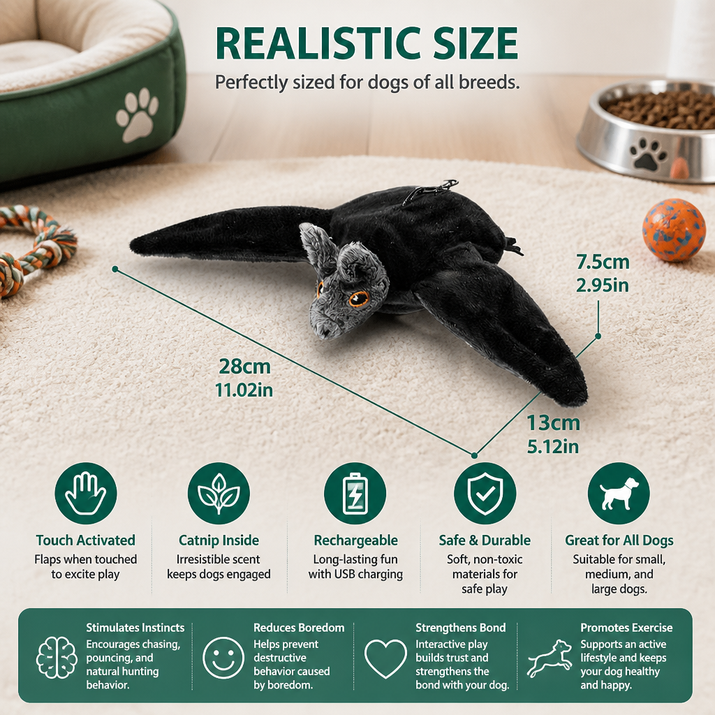 Touch—Activated Flapping Bat Dog Toy with Catnip