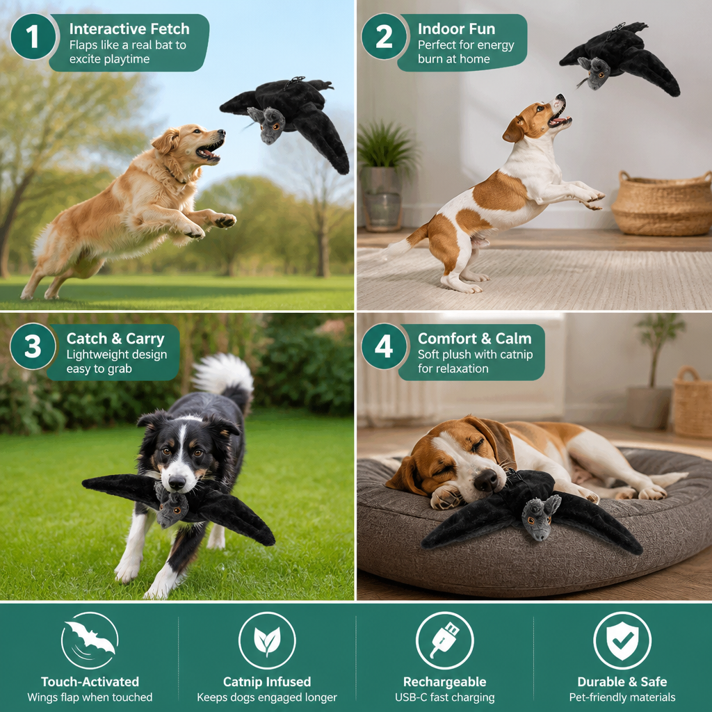 Touch—Activated Flapping Bat Dog Toy with Catnip