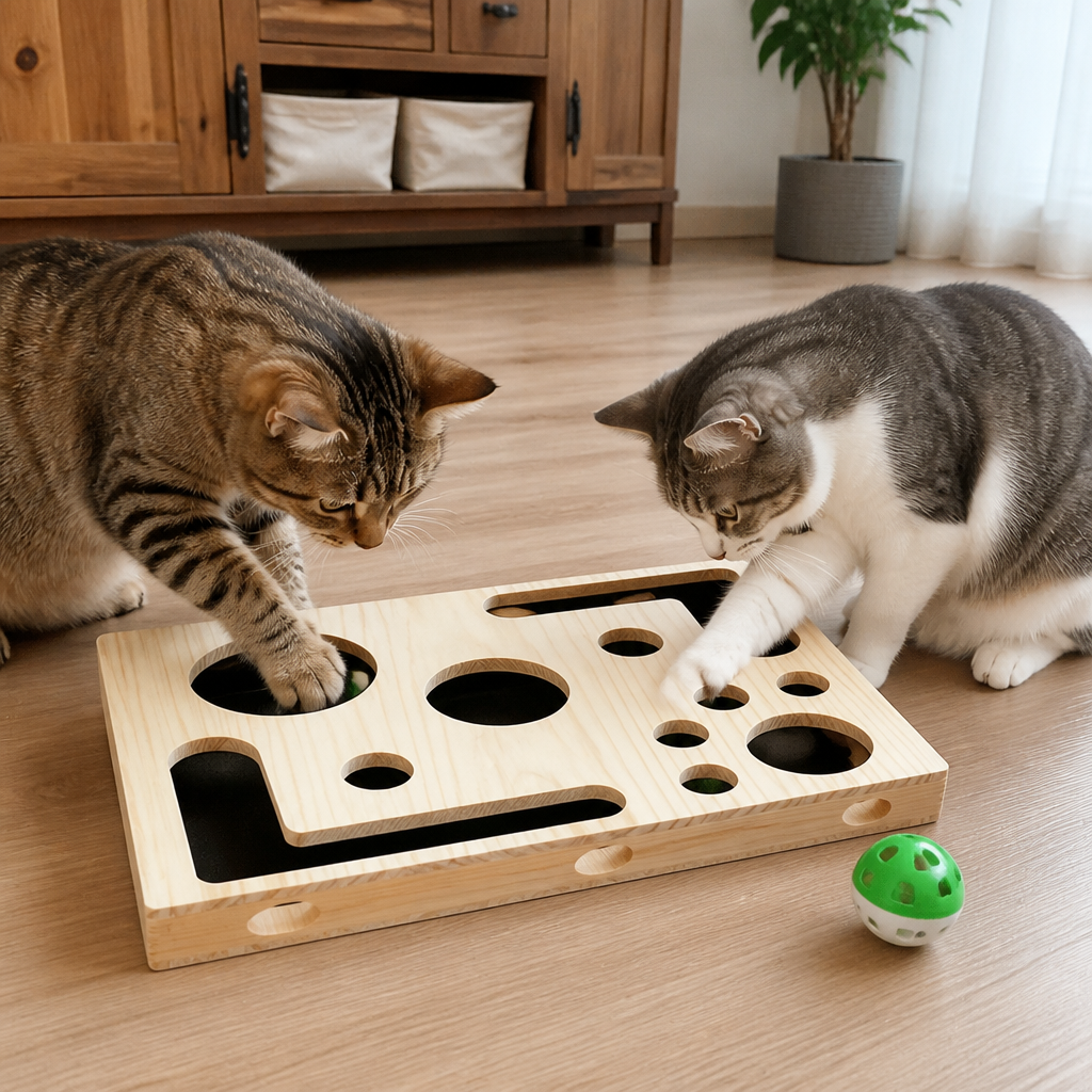 Interactive Wooden Cat Puzzle Box – Scratch, Hide & Treat Enrichment Toy