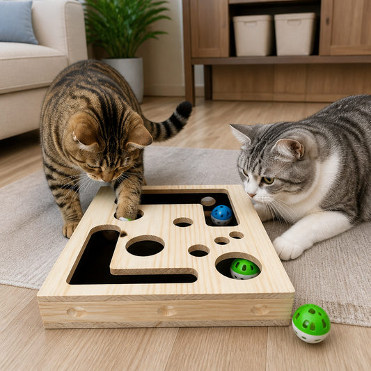 Interactive Wooden Cat Puzzle Box – Scratch, Hide & Treat Enrichment Toy