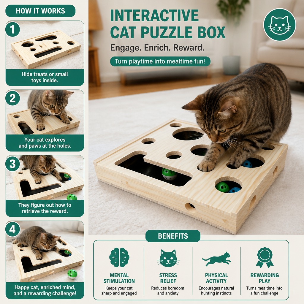 Interactive Wooden Cat Puzzle Box – Scratch, Hide & Treat Enrichment Toy