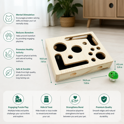 Interactive Wooden Cat Puzzle Box – Scratch, Hide & Treat Enrichment Toy