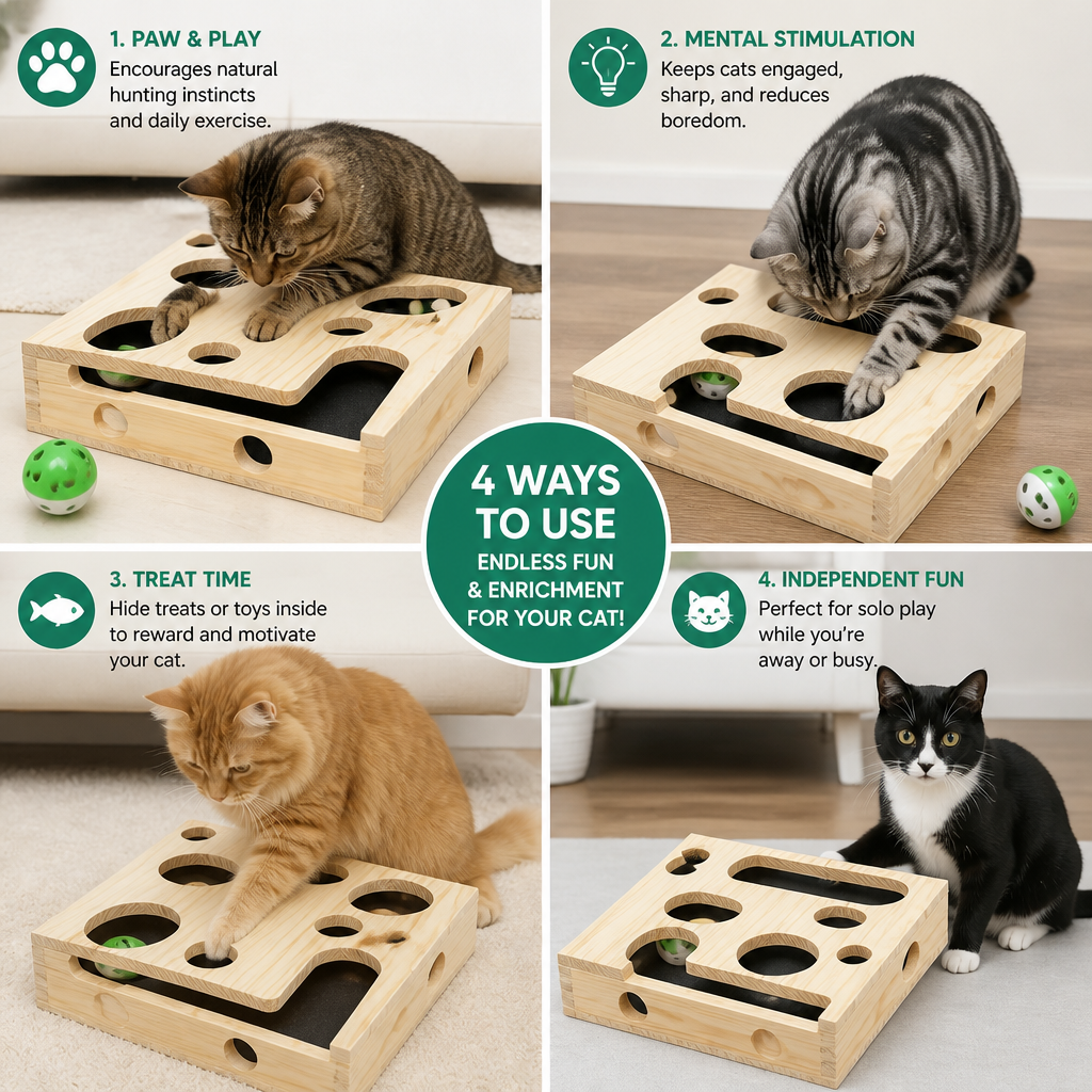 Interactive Wooden Cat Puzzle Box – Scratch, Hide & Treat Enrichment Toy