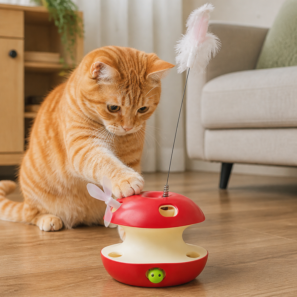 3-in-1 Apple-Shaped Cat Toy – Interactive Feather & Ball Toy