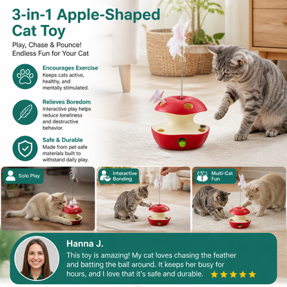 3-in-1 Apple-Shaped Cat Toy – Interactive Feather & Ball Toy