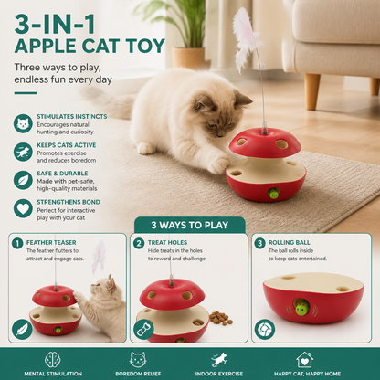 3-in-1 Apple-Shaped Cat Toy – Interactive Feather & Ball Toy