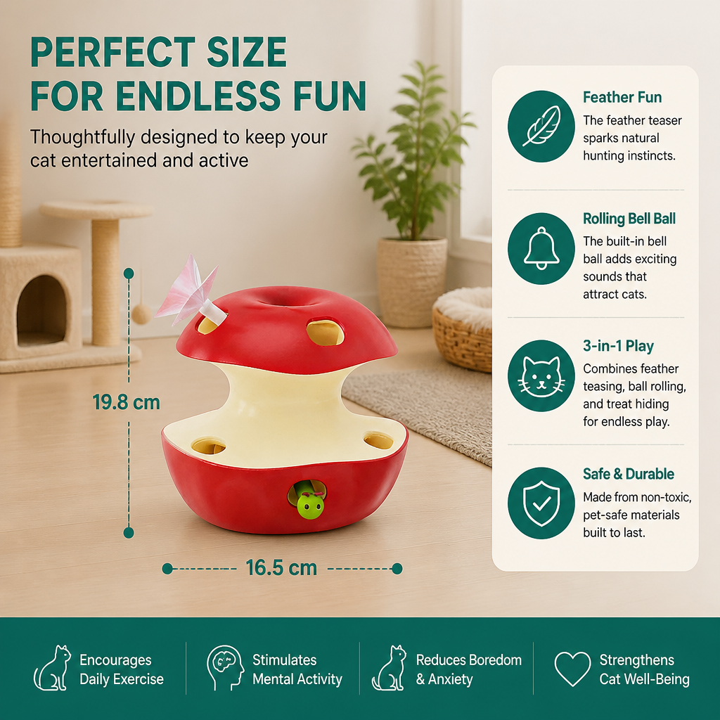3-in-1 Apple-Shaped Cat Toy – Interactive Feather & Ball Toy