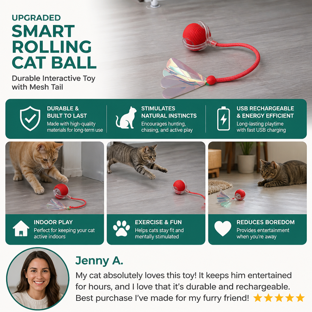 Upgraded Smart Rolling Cat Ball – Durable Interactive Toy with Mesh Tail
