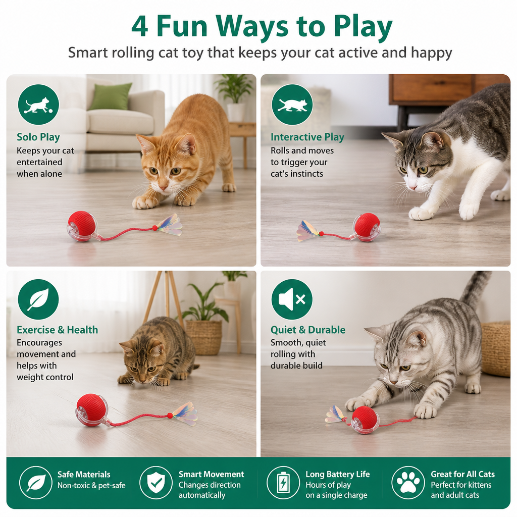 Upgraded Smart Rolling Cat Ball – Durable Interactive Toy with Mesh Tail