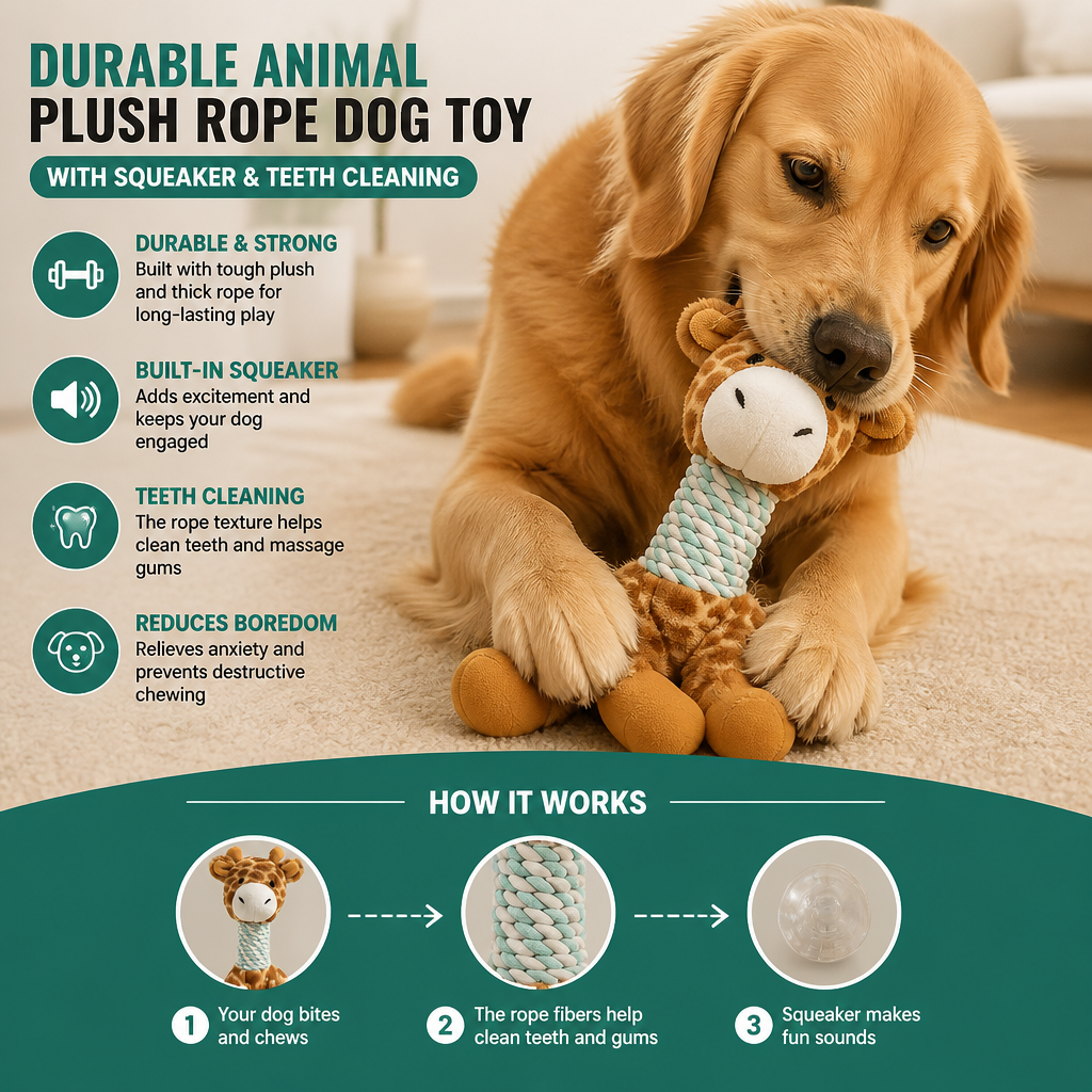 Durable Animal Plush Rope Dog Toy with Squeaker & Teeth Cleaning
