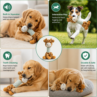 Durable Animal Plush Rope Dog Toy with Squeaker & Teeth Cleaning