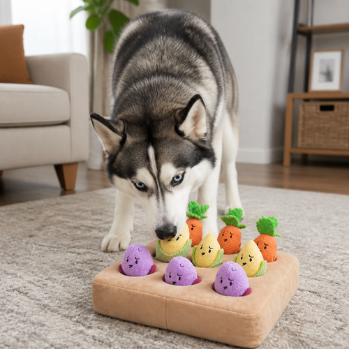 Interactive Vegetable Garden Treat Toy – Hide & Seek Snuffle Puzzle with Squeaky Veggies