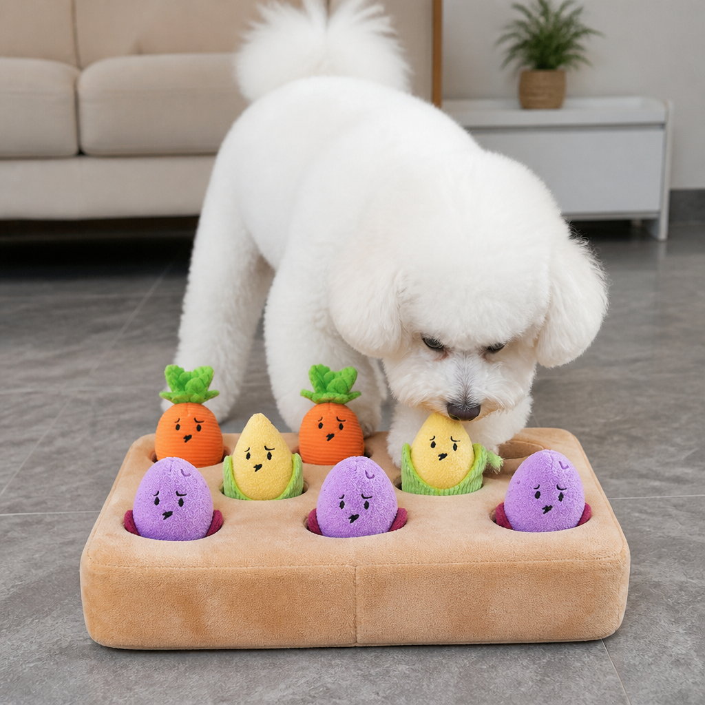 Interactive Vegetable Garden Treat Toy – Hide & Seek Snuffle Puzzle with Squeaky Veggies