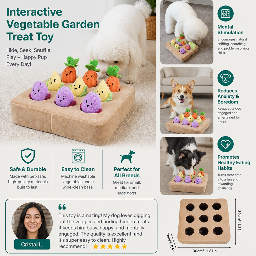 Interactive Vegetable Garden Treat Toy – Hide & Seek Snuffle Puzzle with Squeaky Veggies