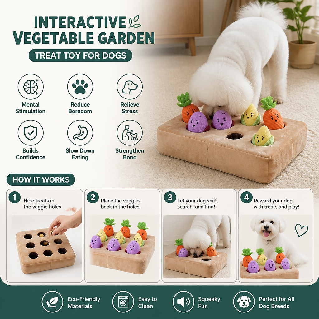 Interactive Vegetable Garden Treat Toy – Hide & Seek Snuffle Puzzle with Squeaky Veggies